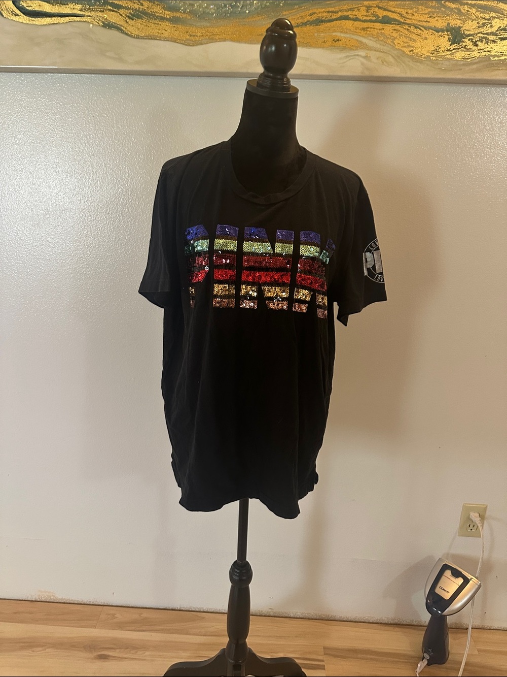 PINK Victoria's Secret Black Tee with Rainbow Sequin Block Stripes